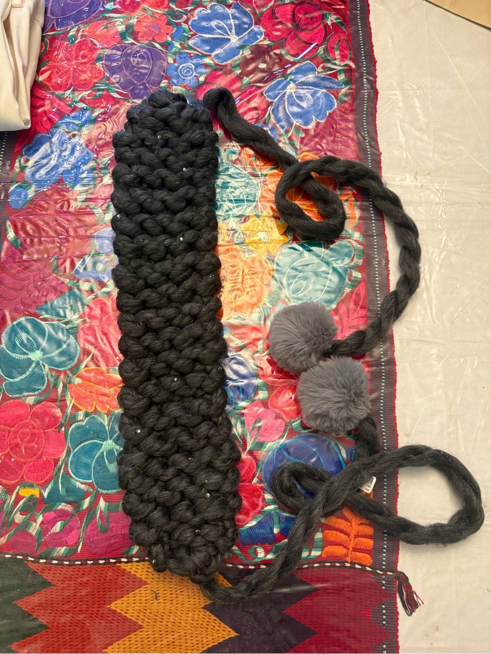Anthropologie Black Chunky Knit Scarf with Gray Pom-Poms